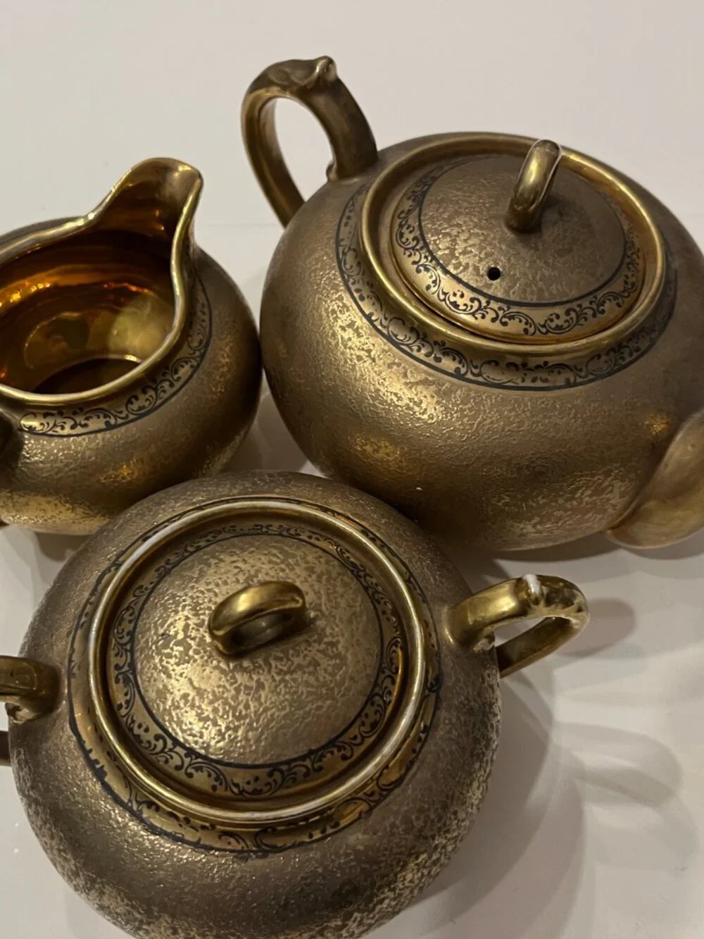 Vintage 3-Piece Japanese Encrusted Weeping Gold Porcelain Tea Set -